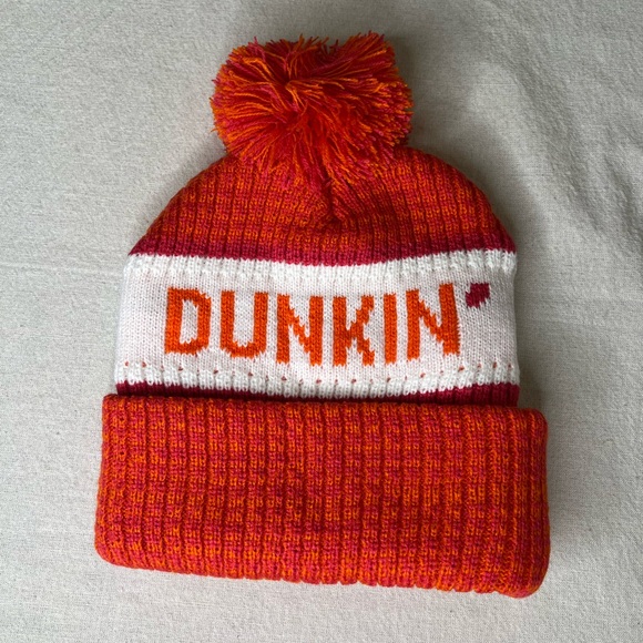 Dunkin Donuts Knit Beanie Hat Orange Pink White Pom Winter Cuff Cap - Picture 1 of 6